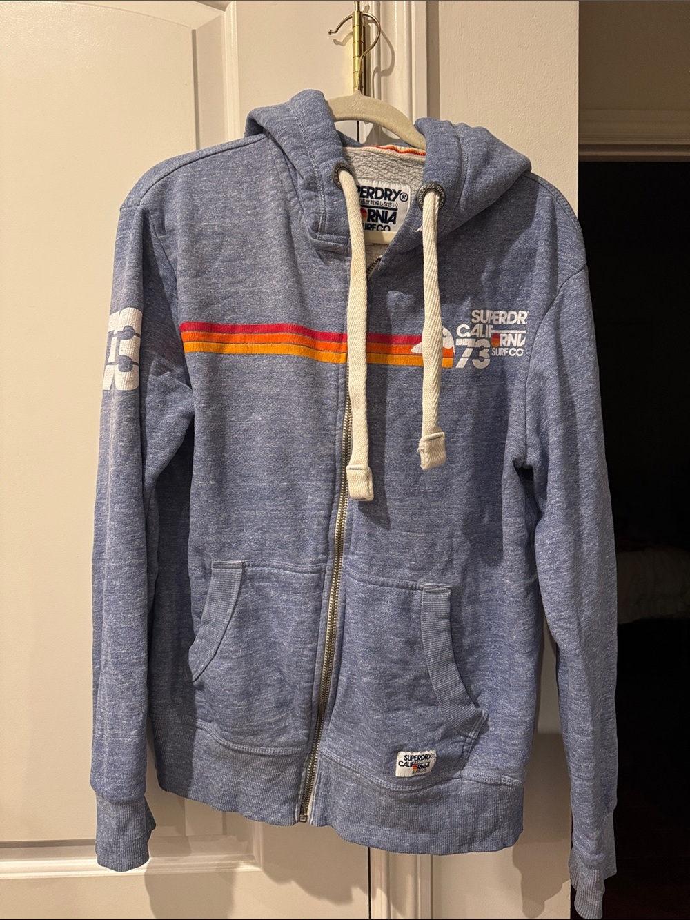 Superdry Heather Blue Zip-Up Hoodie with Retro Stripe SZ L
